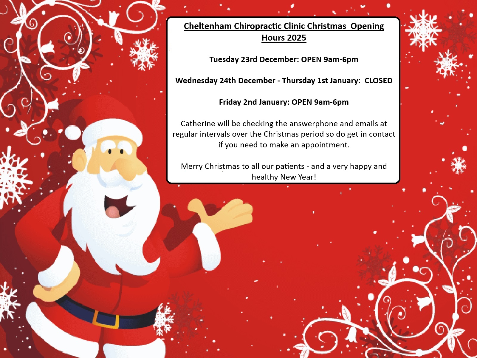 Cheltenham Chiropractic Clinic Christmas opening hours 2025 